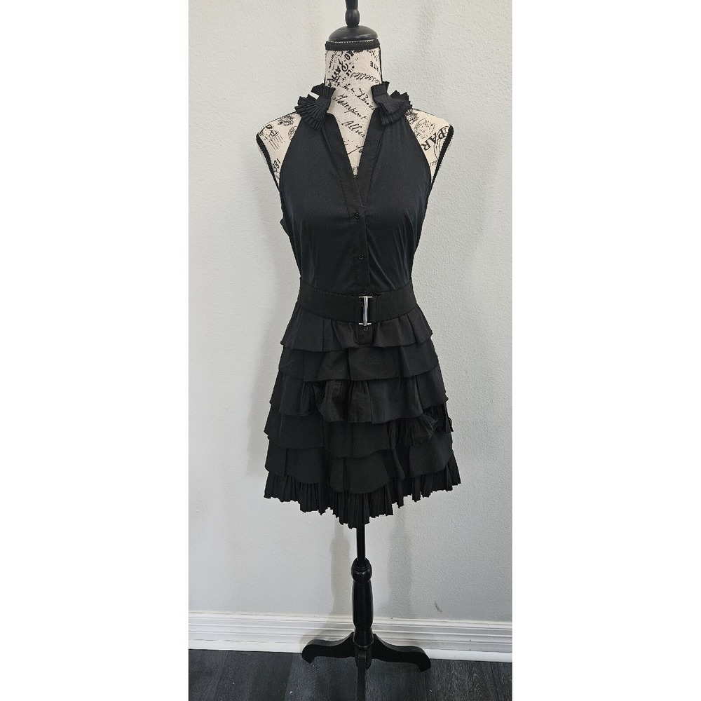 BCBG Maxazria Sz 4 Little‎ Black Dress Avant Garde Ruffle Button Victorian